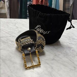 Kippys Black Leather Belt Gold Studding Chrystal Embellishment Approx 37.5"